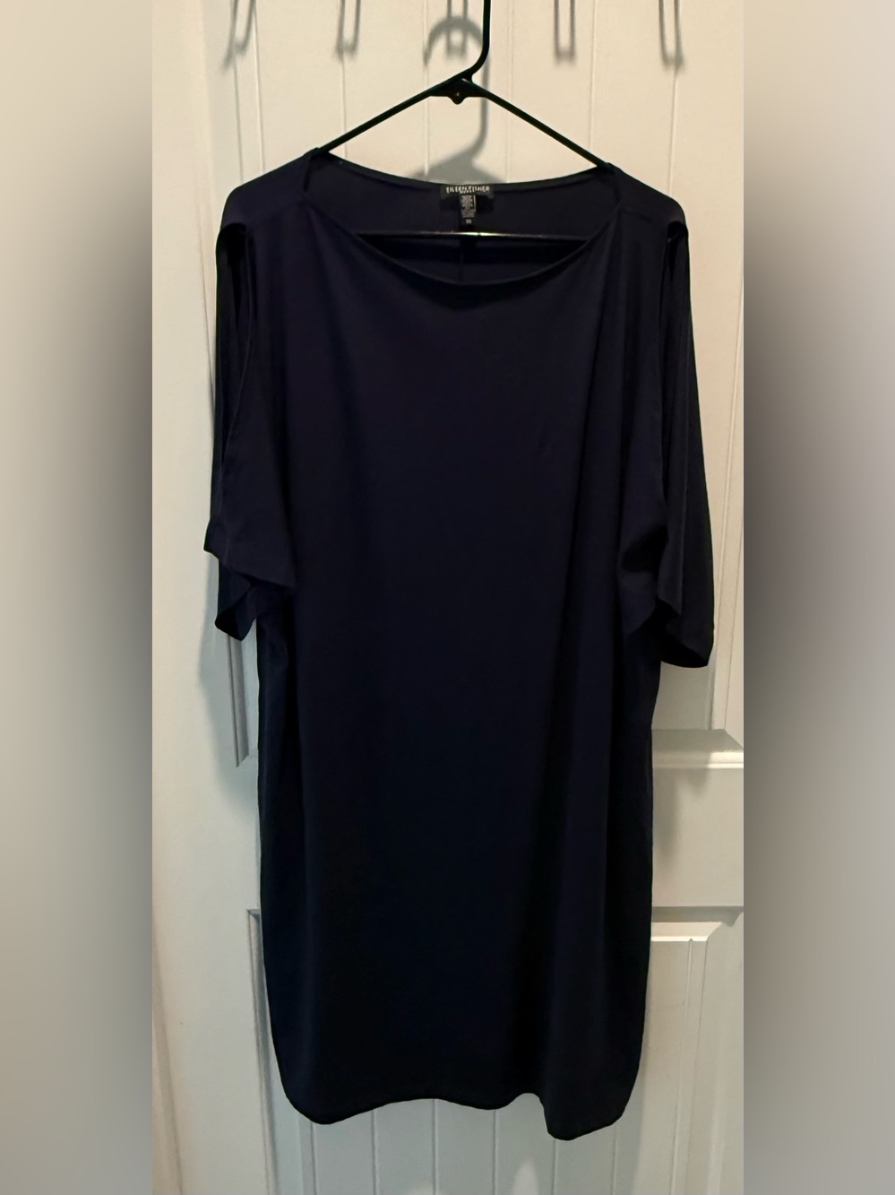 Eileen Fisher Woman Navy Knit Shift Dress Split Elbow Sleeves Minimalist